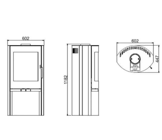 schémas avec les dimensions du poêle à bois Rin